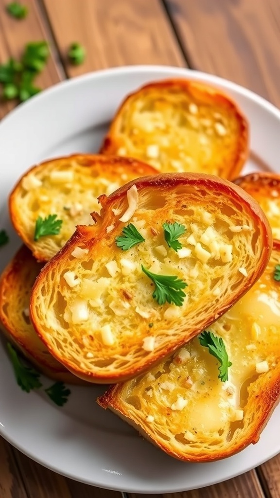Garlic Sourdough Bread Toast Recipe Crispy garlic sourdough bread toast garnished with parsley on a rustic wooden plate.
